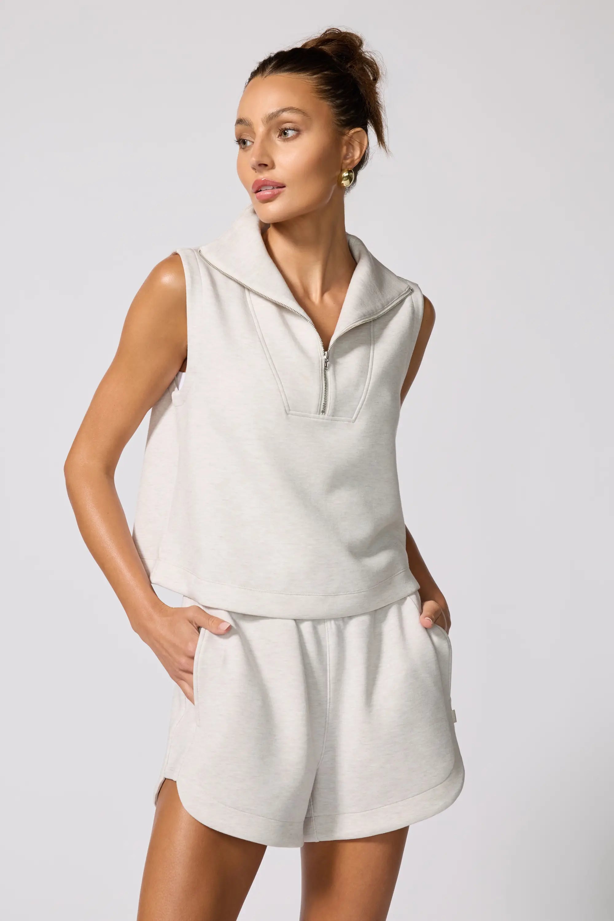 Dreamweave™ Half Zip Mock Neck Tank - Htr Moonbeam