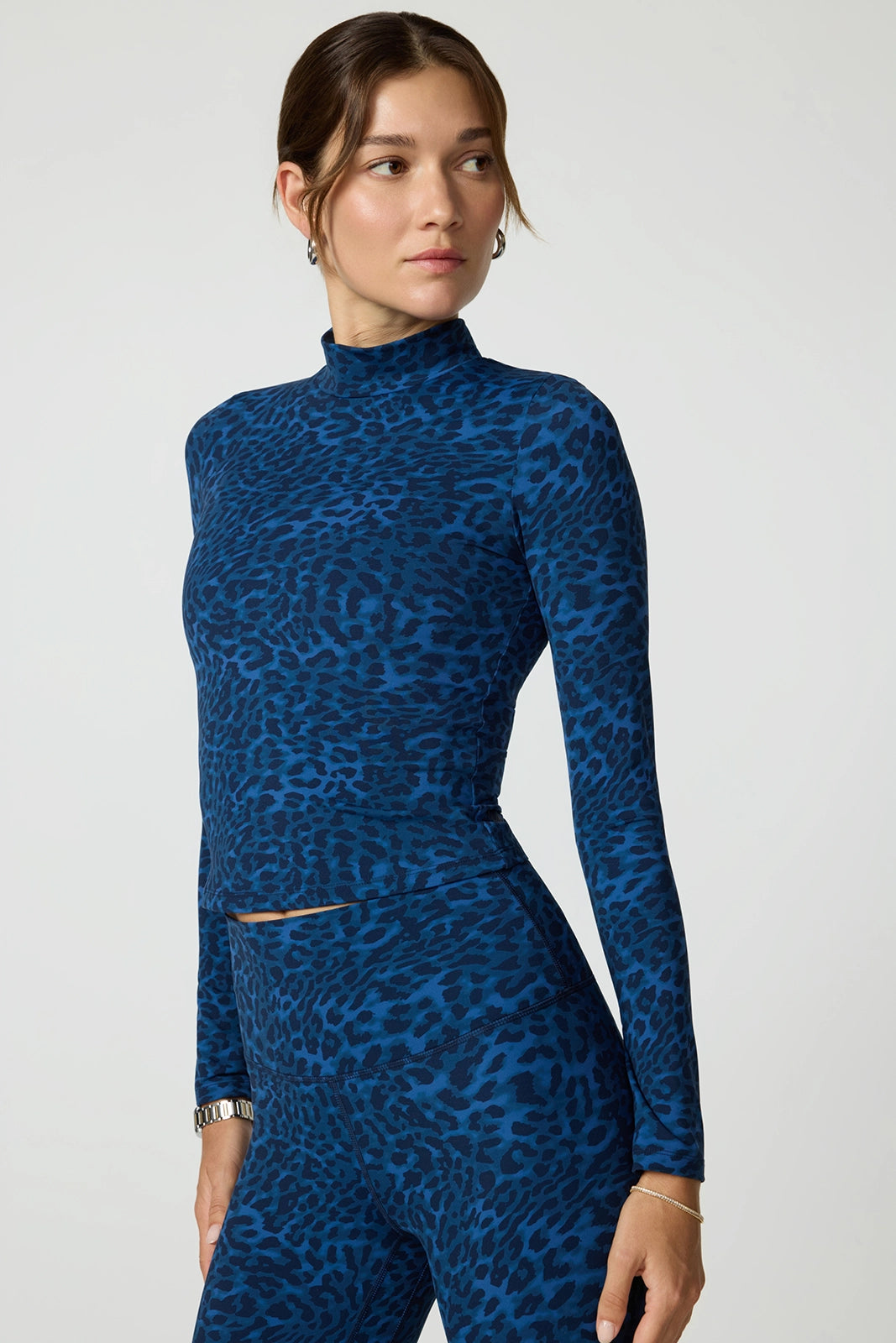 Printed Mock Neck Long Sleeve Top - Navy Blazer Leopard